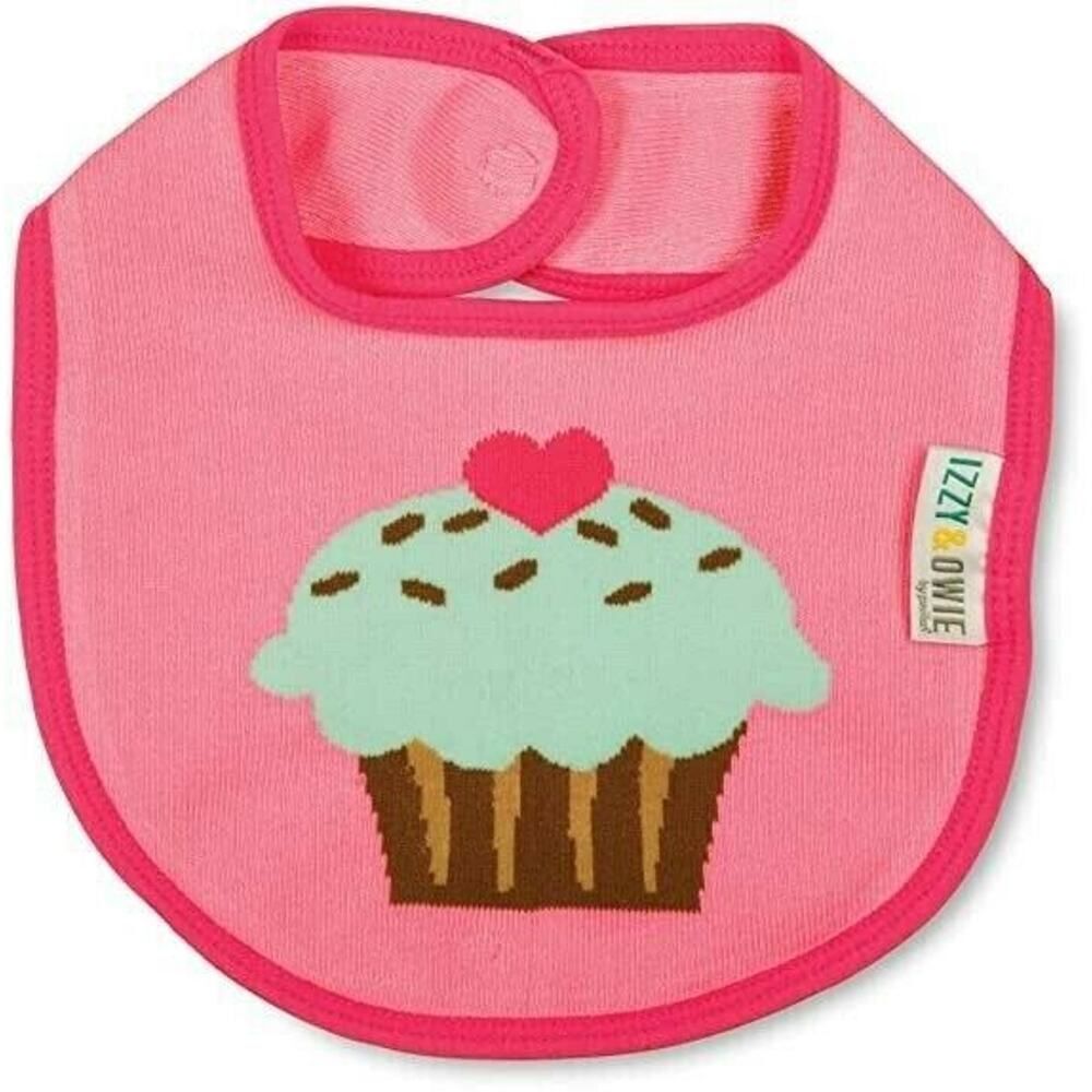 Izzy & Owie Birthday Cupcake Snap Bib Pink Knit Cotton Washable Drool Burb 0-12